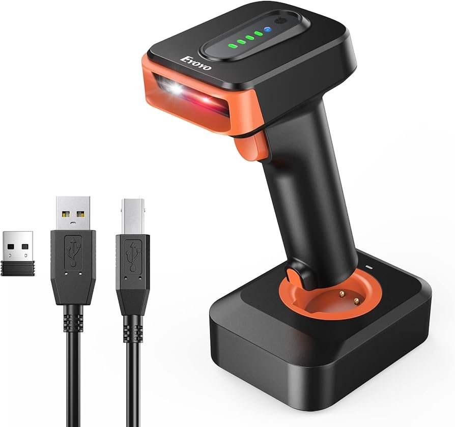 Wireless 2D Barcode Scanner (2.4G + Bluetooth) with OLED Display, 2000mAh Battery, USB-HID/USB-COM, Charging Base – High-Speed, Portable, Inventory Mode
