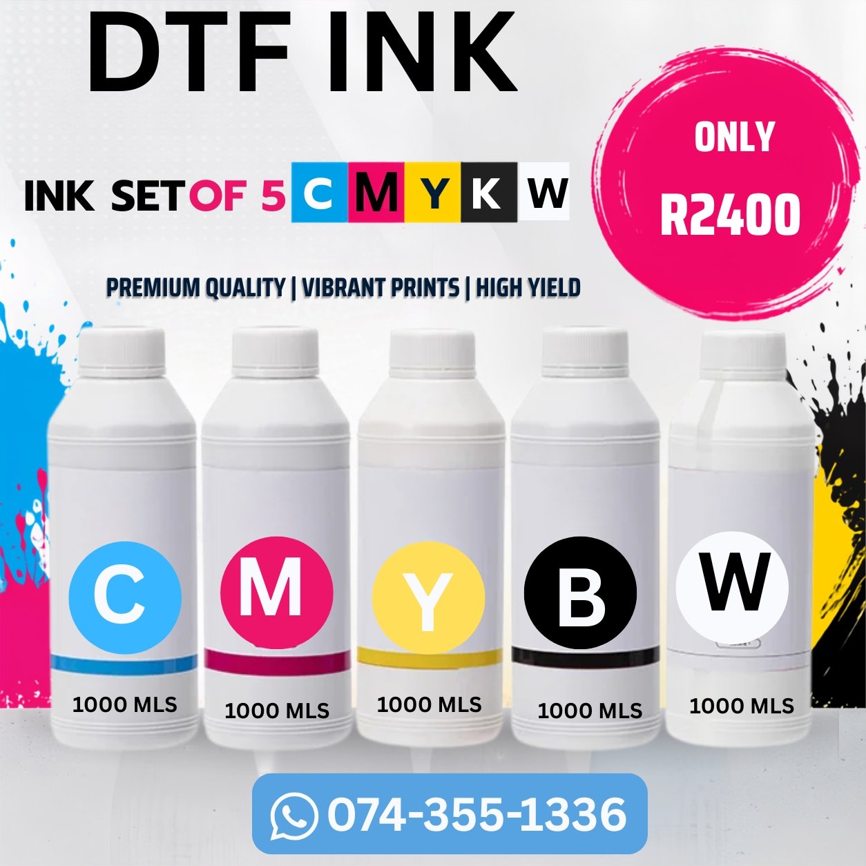 1000ml x 5 combo DTF Printer Ink Set CMYKW - Pigment Ink for DTF Transfer Printing
